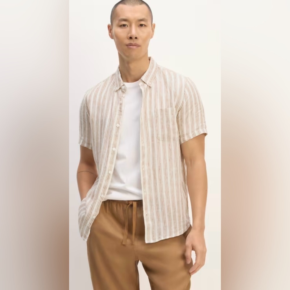 Everlane Men's Casual Button Down Shirt - Cream and Brown Stripes